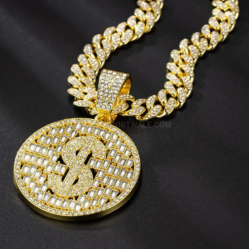 Dollar Sign Coin Medallion Pendant Chunky Cuban Chain Necklace