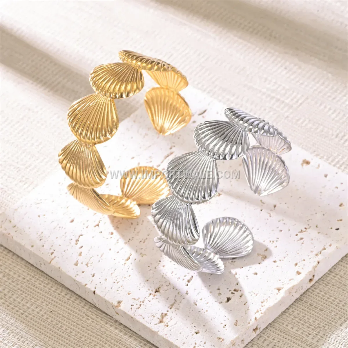 Scallop Shell Open C-Shape Stainless Steel Cuff Bracelet