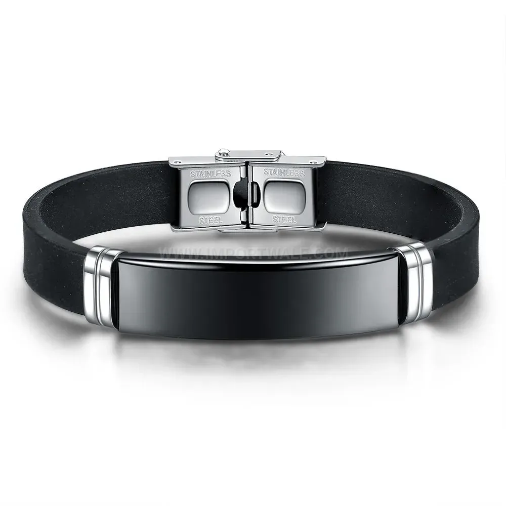 Sleek Stainless Steel Leather Silicone Mixed Material Bracelet