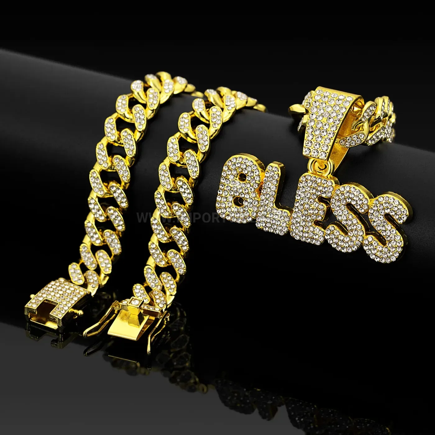 Pave Rhinestone BLESS Lettering Hip Hop Pendant