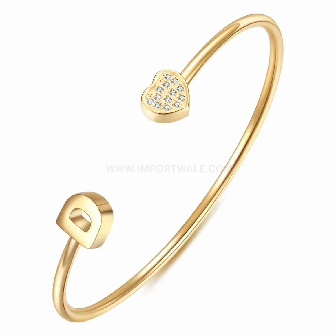 Modern Initial Letter Heart Cubic Zirconia Stainless Steel Cuff Bangle