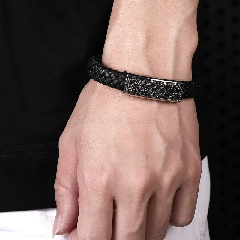Modern Classic Skull Stainless Steel Leather Bangle Bracelet