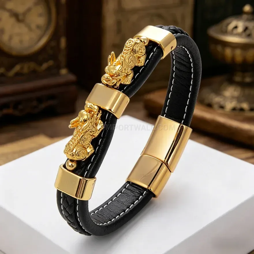 Designer Braided Leather Pixiu Charm Bracelet With Titanium Steel Clasp