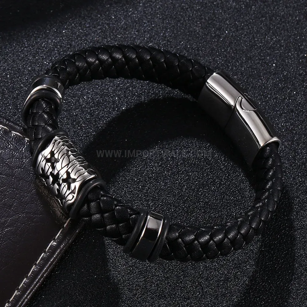 Viking Style Beaded Leather Wristband with Steel Accents