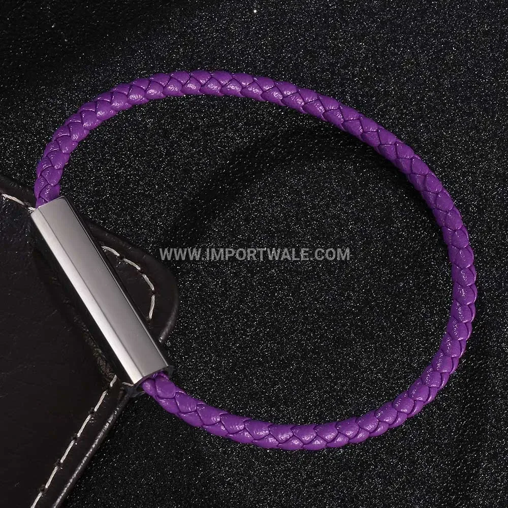 Woven Leather Bracelet with Polished Stainless Steel Magnetic Clasp