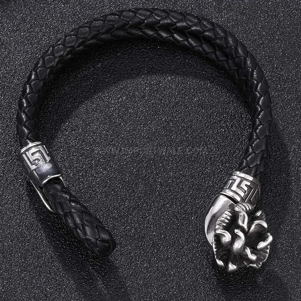 Vintage Camellia Stainless Steel Braided Leather Bracelet