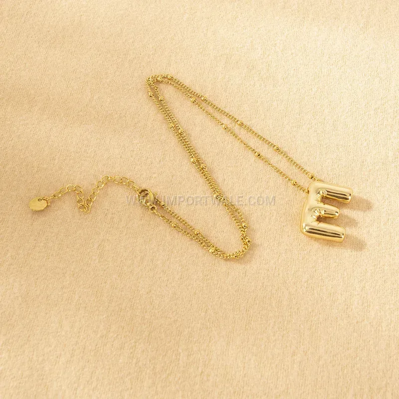 Bubble Alphabet Letter Pendant Stainless Steel Gold Plated Necklace