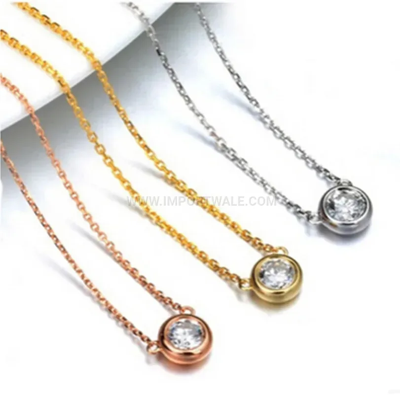 Double Layer Stainless Steel Solitaire Crystal Pendant Layered Necklace