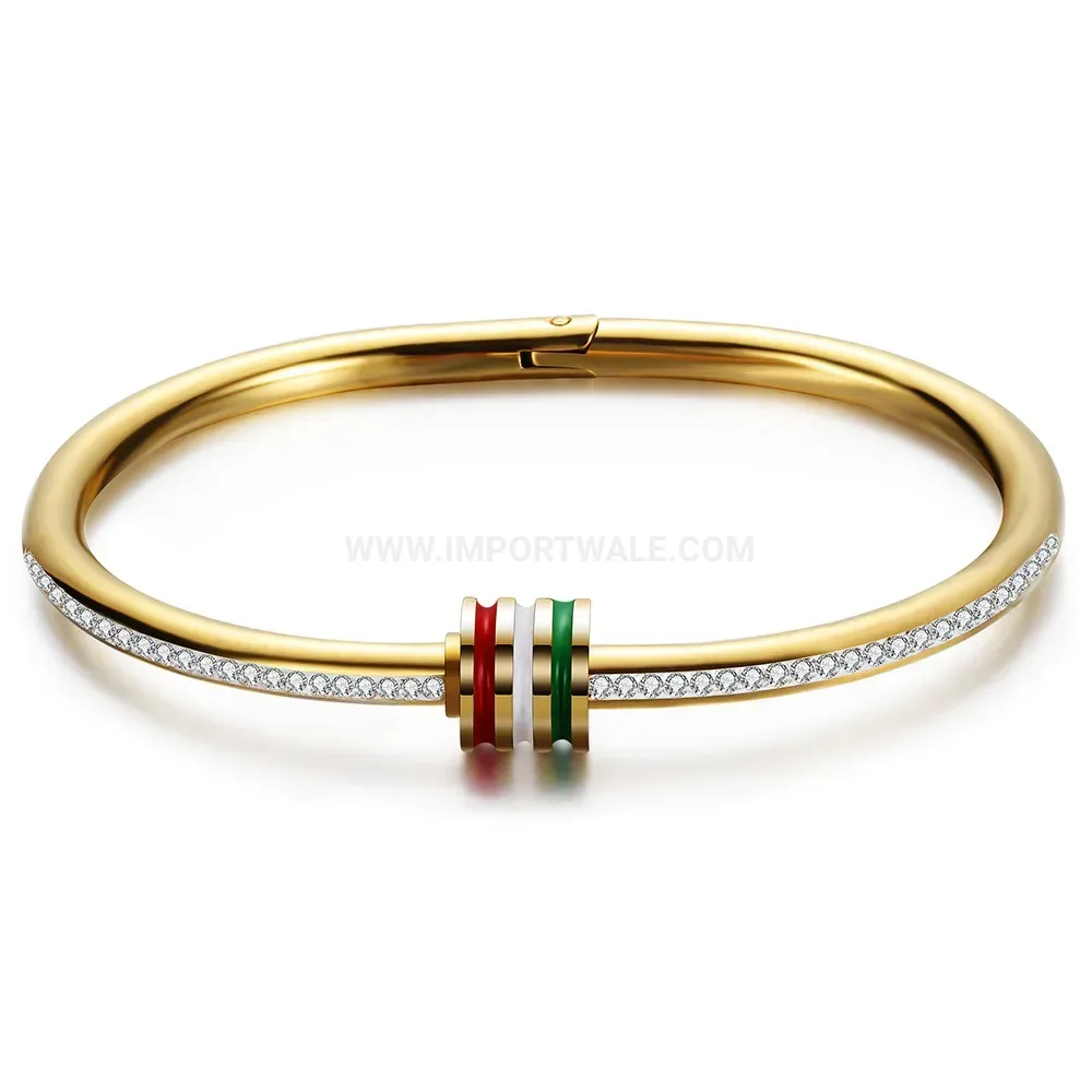 Premium Rhinestone Accent Striped Stainless Steel Bangle Bracelet
