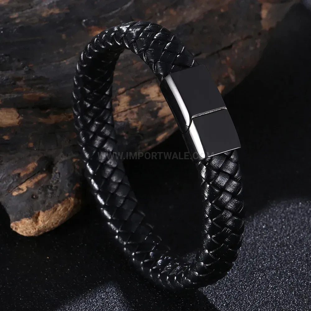 Streamlined Braided Leather Bracelet with Stainless Steel Magnetic Clasp
