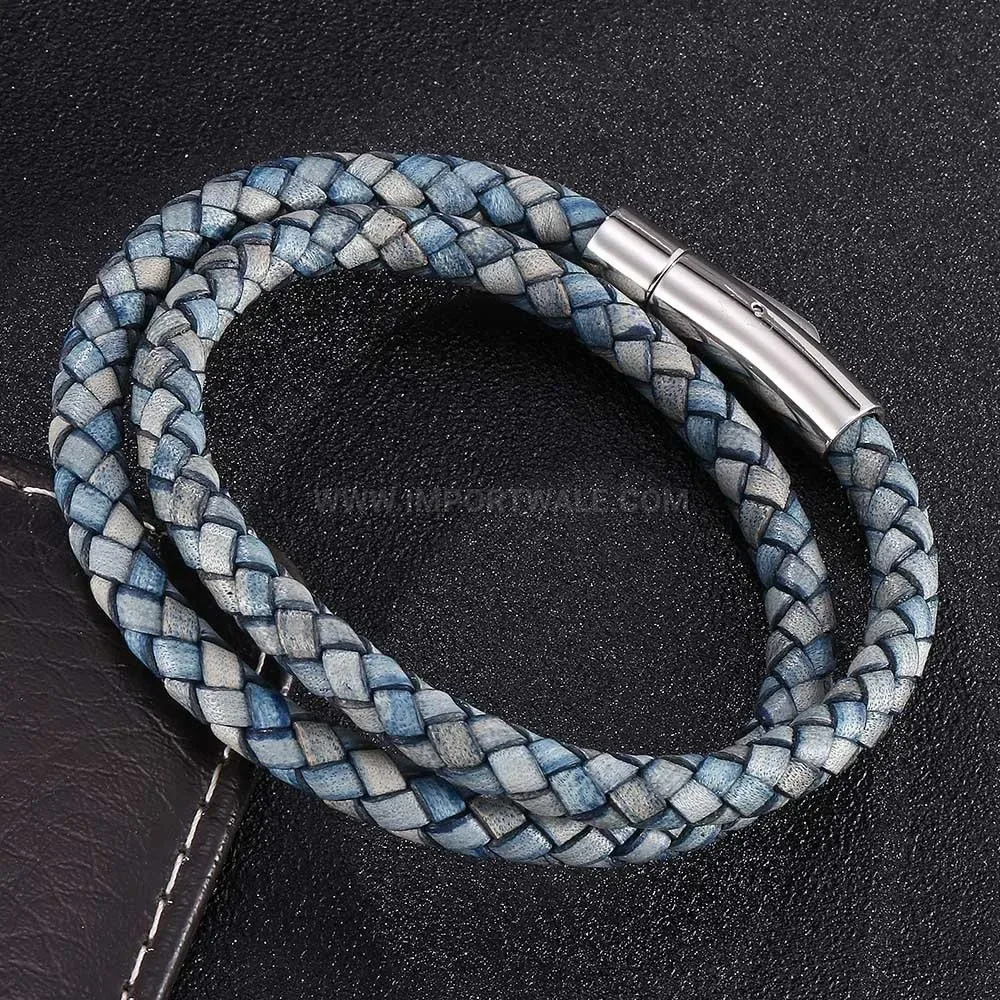 Double Wrap Braided Leather Bracelet with Stainless Steel Clasp