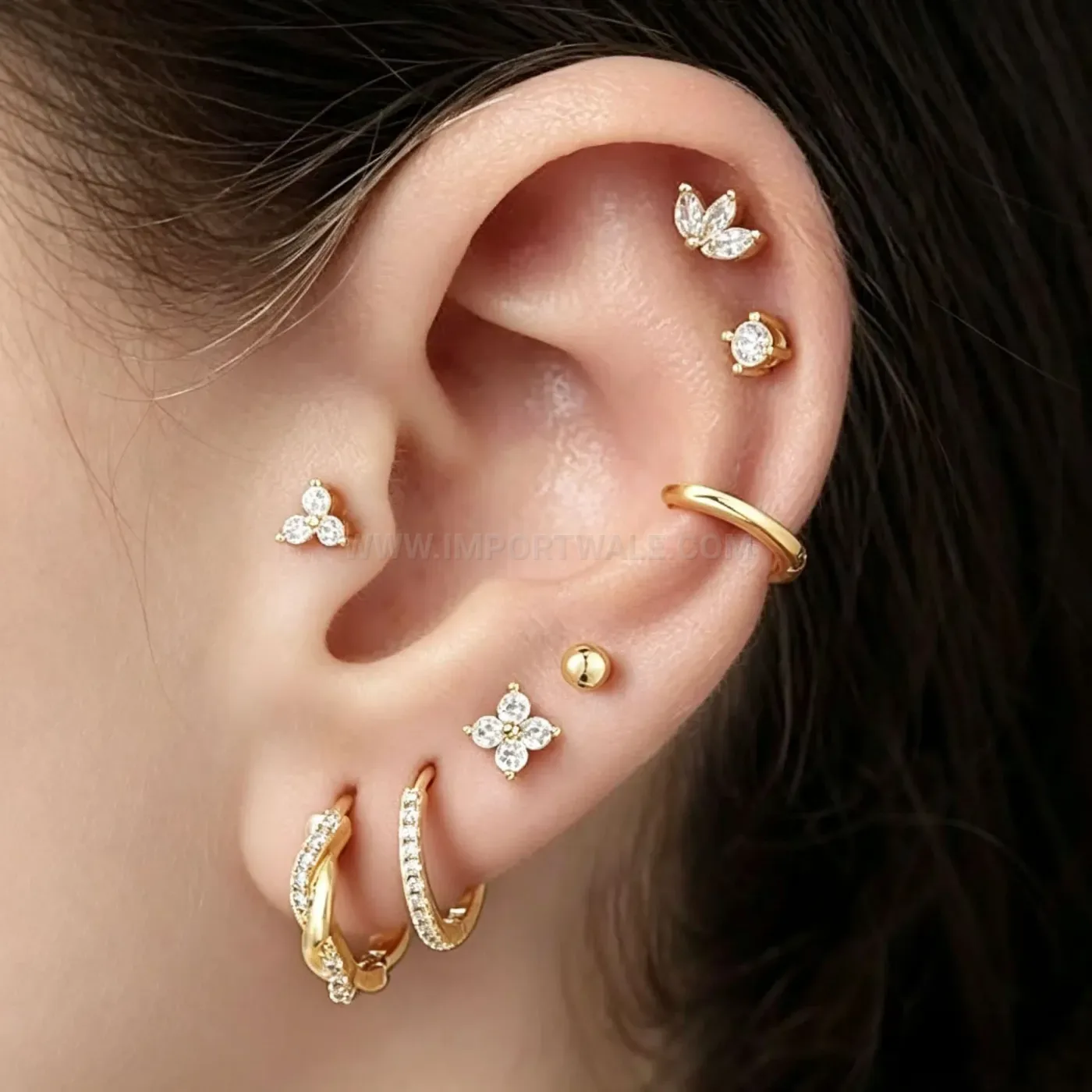 Bold French Floral Rhinestone Stainless Steel Piercing Stud Set