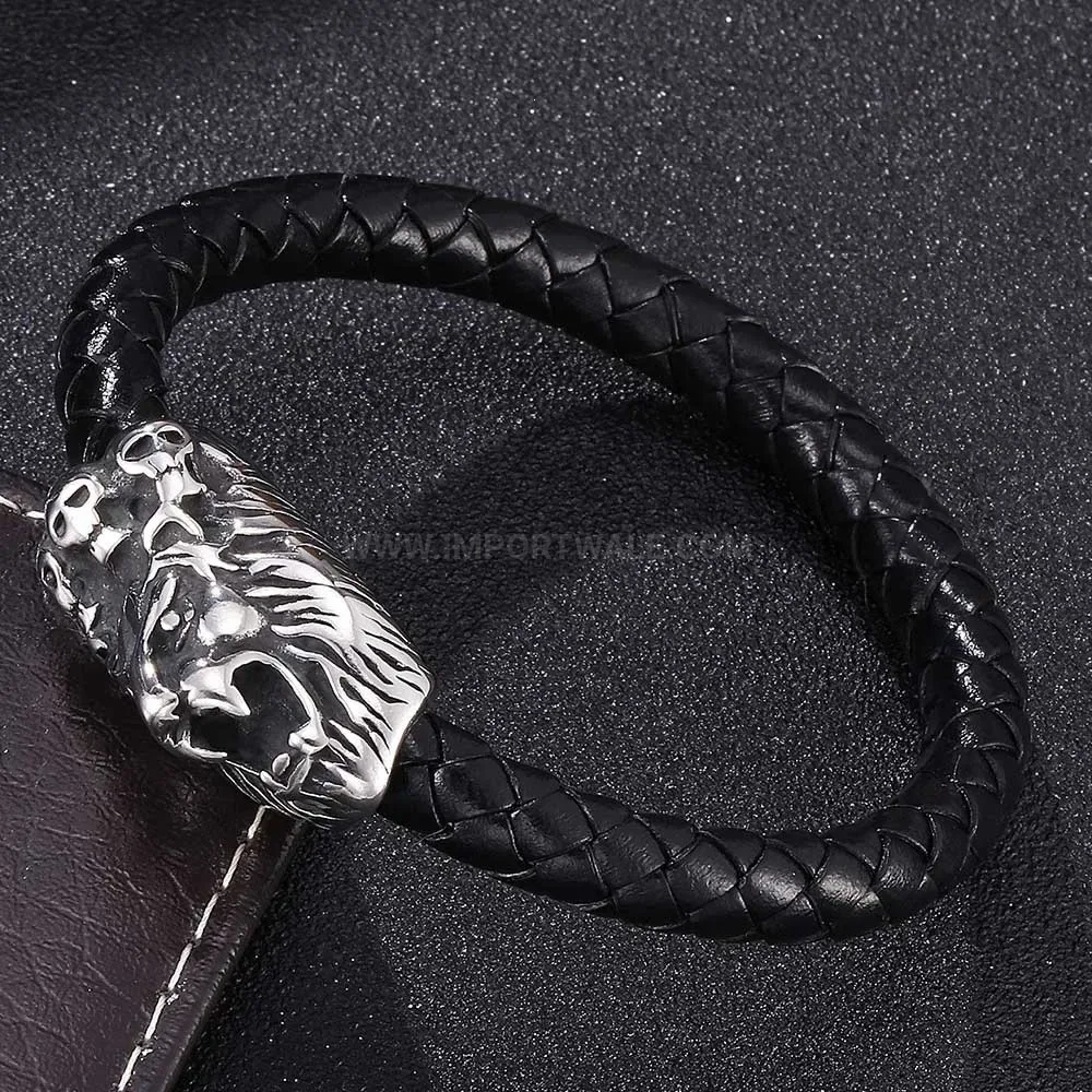 Elegant Braided Leather Lion Head Crown Bracelet with Stainless Steel Details