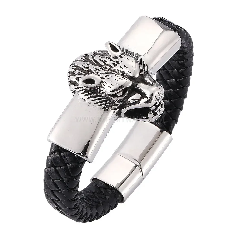 Punk Lion Stainless Steel Braided Leather Magnetic Bracelet