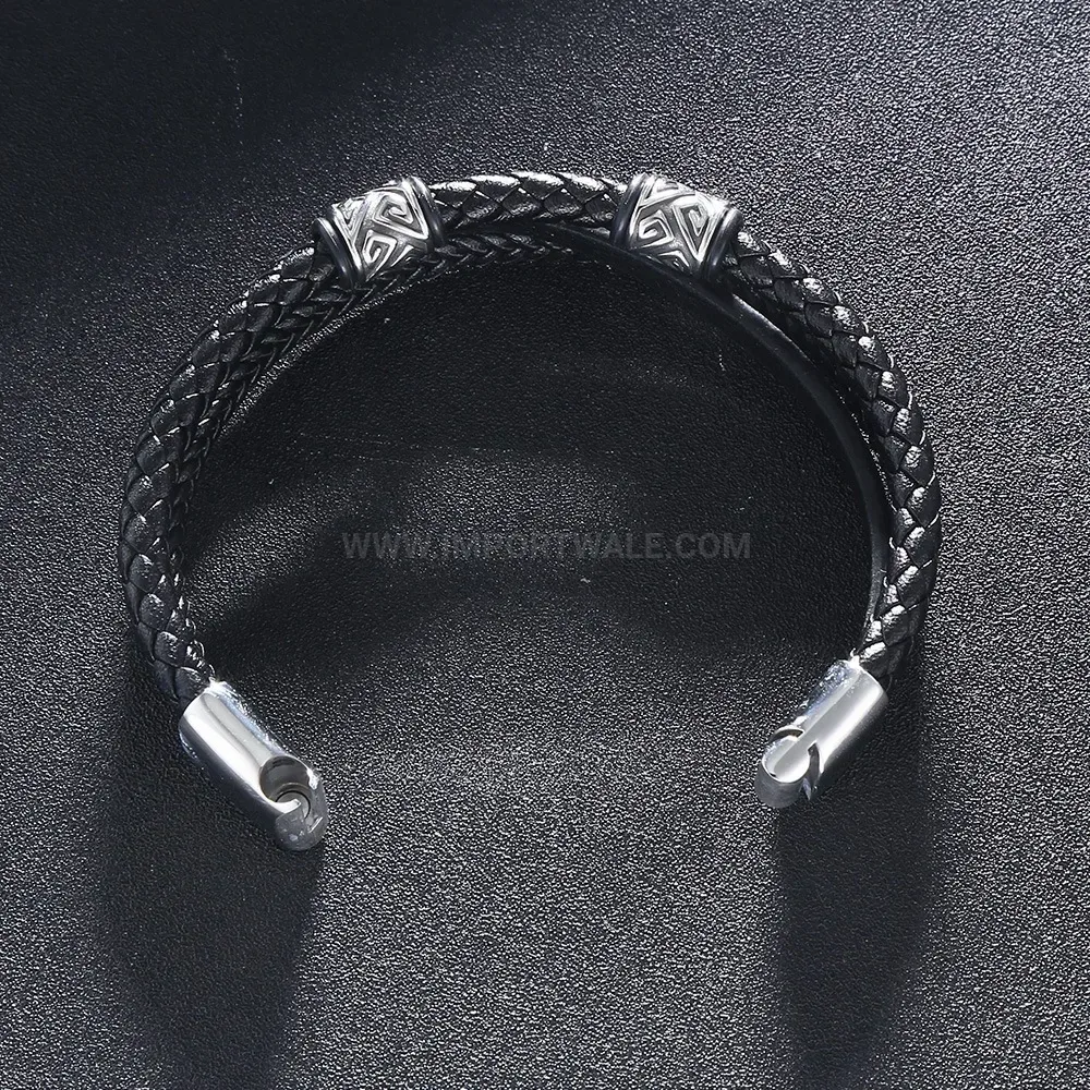 Multi-Strand Cowhide Leather Wristband with Stainless Steel Accents