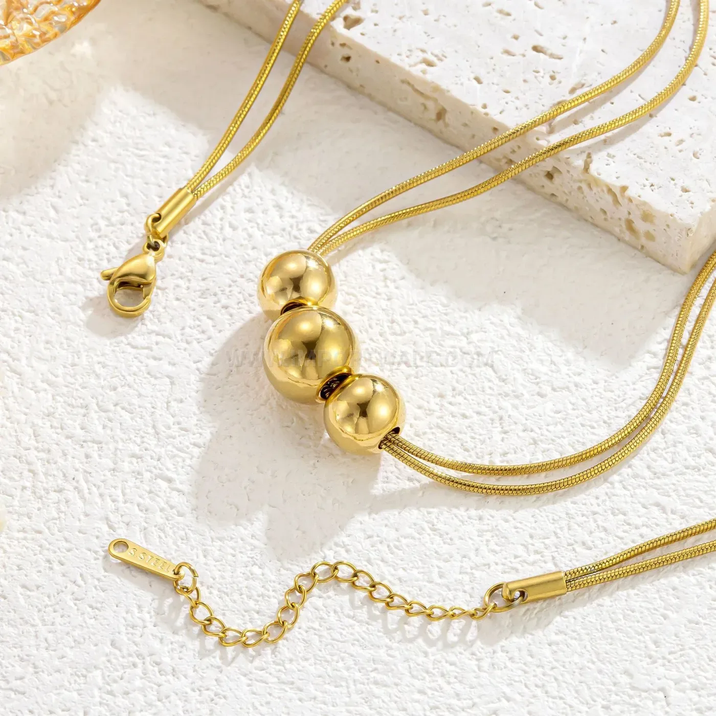 Bold Layered Stainless Steel Metallic Bead Accent Snake Chain Necklace