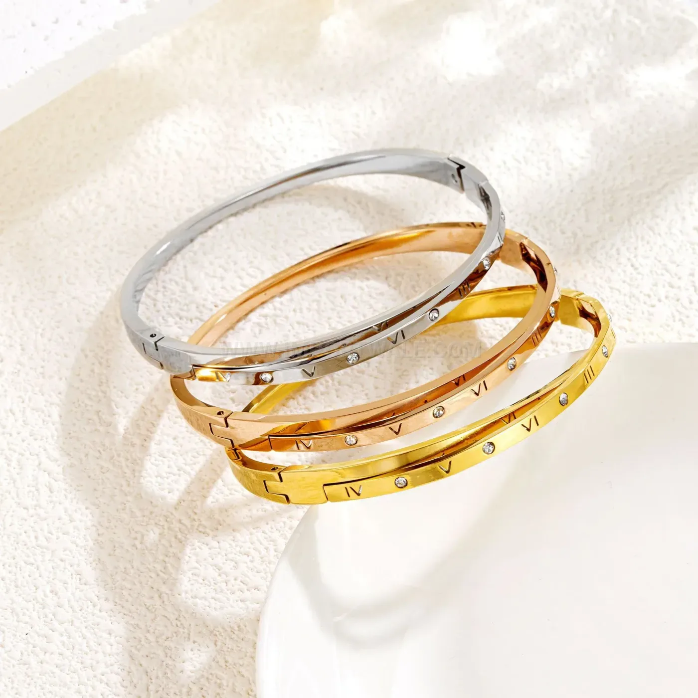 Rhinestone Crossover Roman Numeral Titanium Steel Bangle