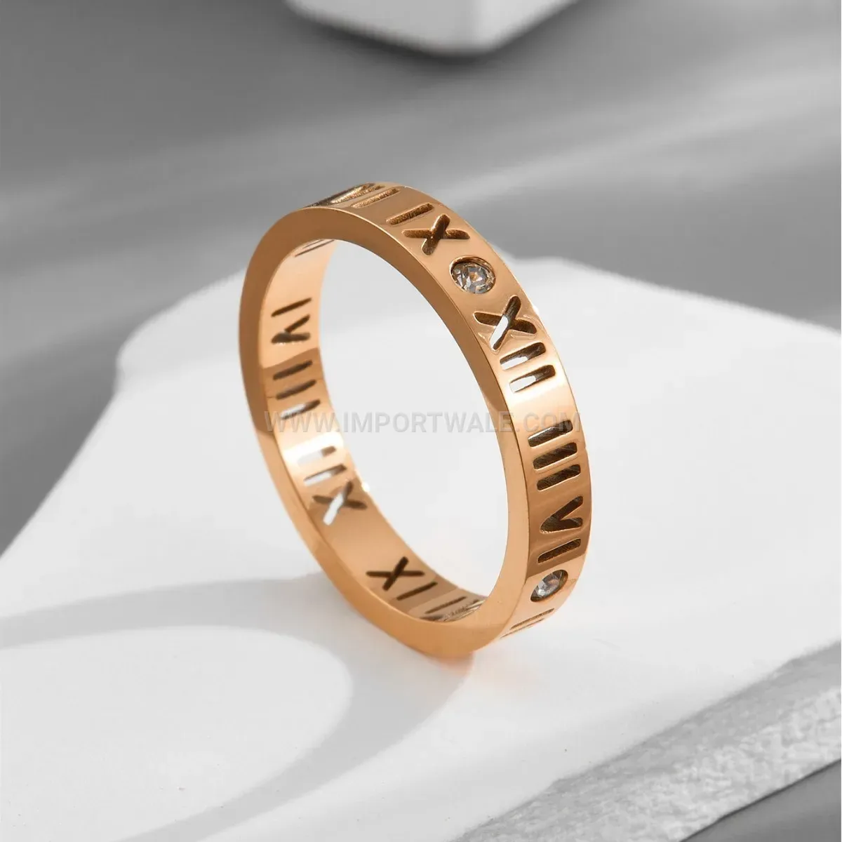 Hollow Roman Numeral Titanium Steel Ring with Crystal Accents