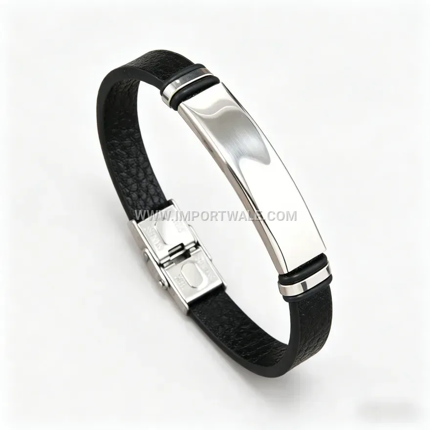 Smooth Leather Magnetic Clasp Bracelet with Alloy Accents