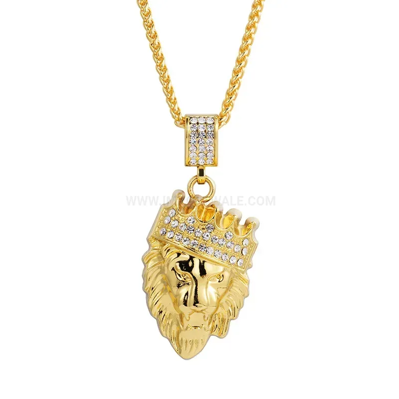 Bold Crowned Lion Head Rhinestone Pendant Long Necklace
