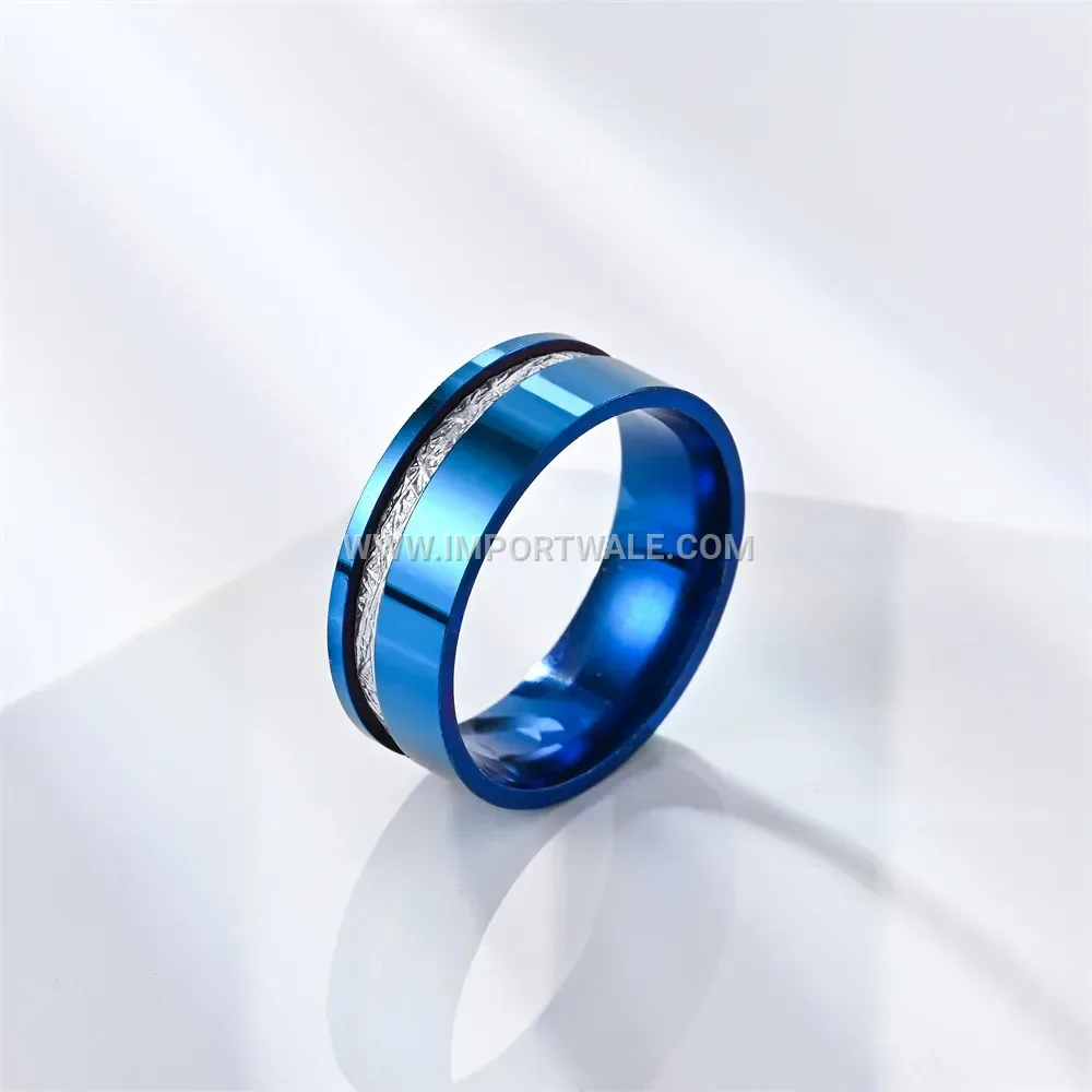 Narrow Blue Silk Textured Stainless Steel Ring