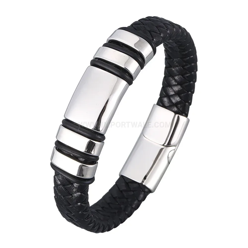 Geometric Stainless Steel Leather Bracelet with Laser Engraving