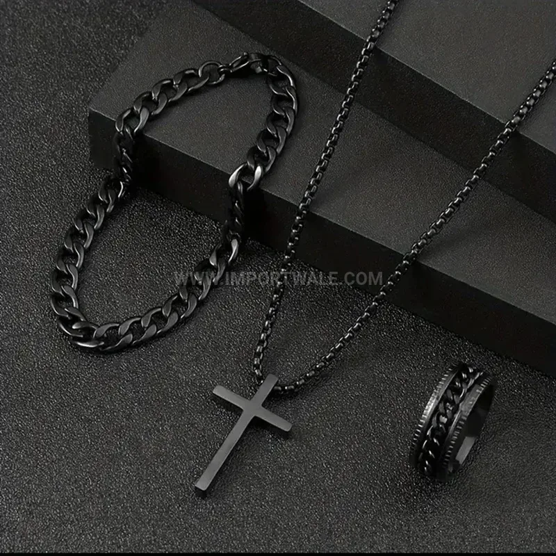 Streetwear Stainless Steel Cross Pendant Three Piece Jewelry Set