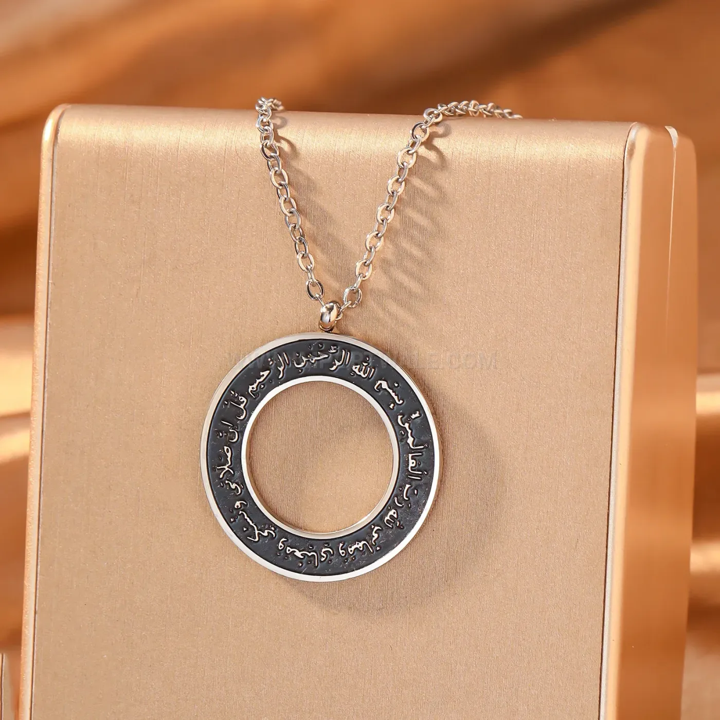 Gold Plated Stainless Steel Arabic Calligraphy Round Amulet Pendant Necklace