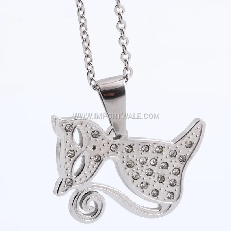 Playful Stainless Steel Rhinestone Cat Pendant Necklace