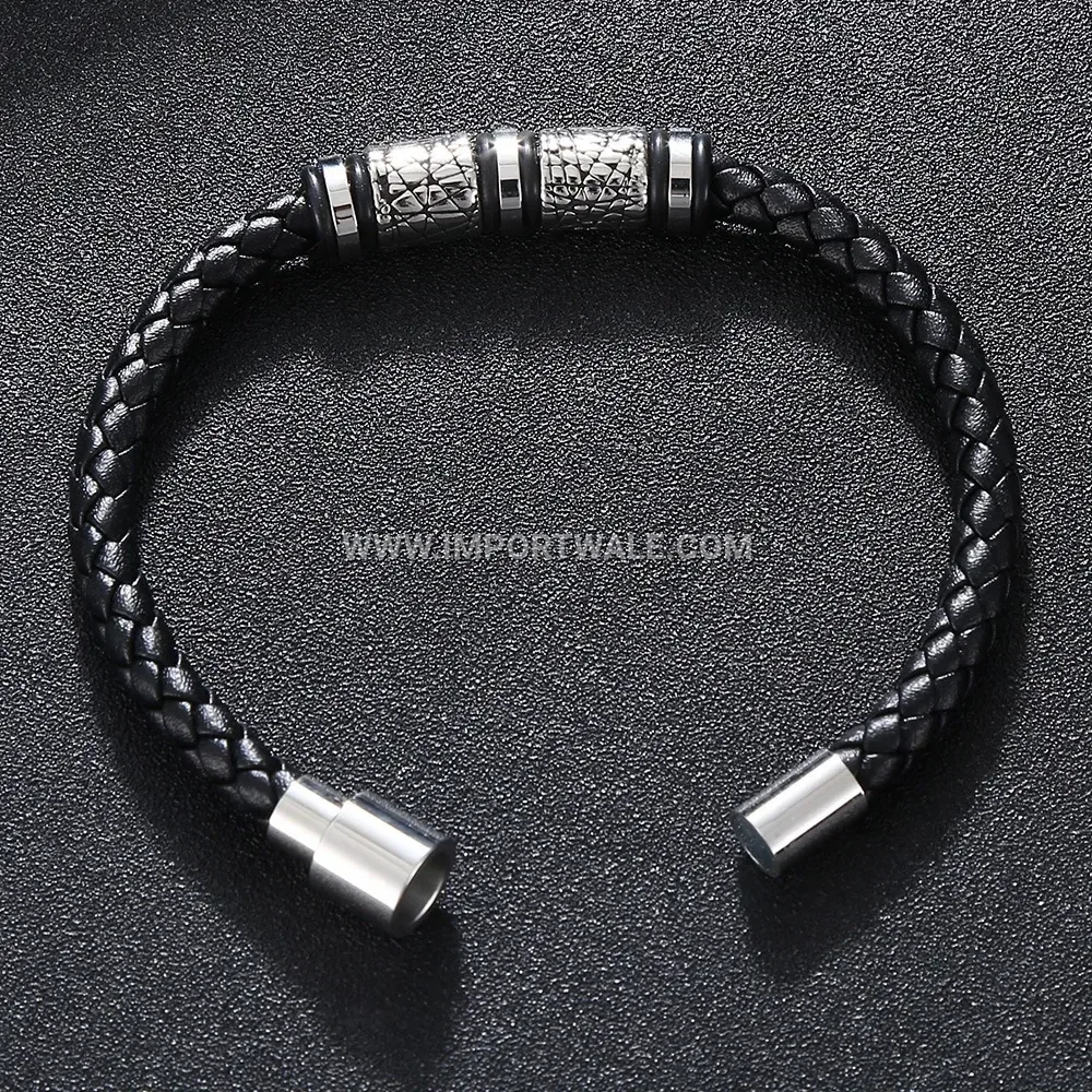 Beaded Braided Leather Wristband with Stainless Steel Accents