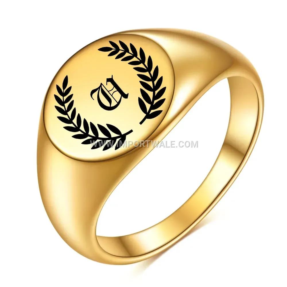 Laser Engraved Leaf Initial 18K Gold Plated Stainless Steel Ring