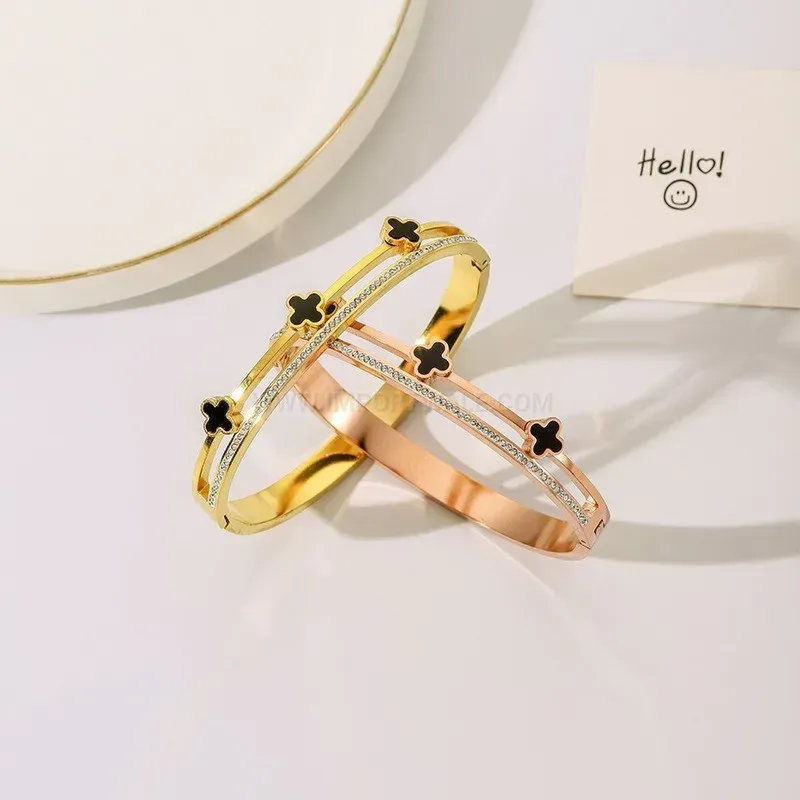 Premium Triple Clover Rhinestone Titanium Steel Bangle Bracelet