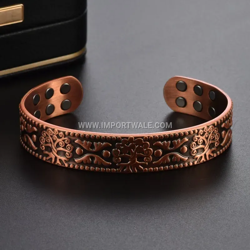 Vintage Pure Red Copper Tree of Life Double Row Magnetic Cuff