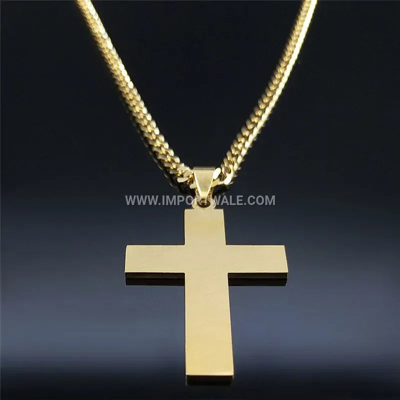 Gold Plated Stainless Steel Cross Pendant Necklace with Geometric Lines