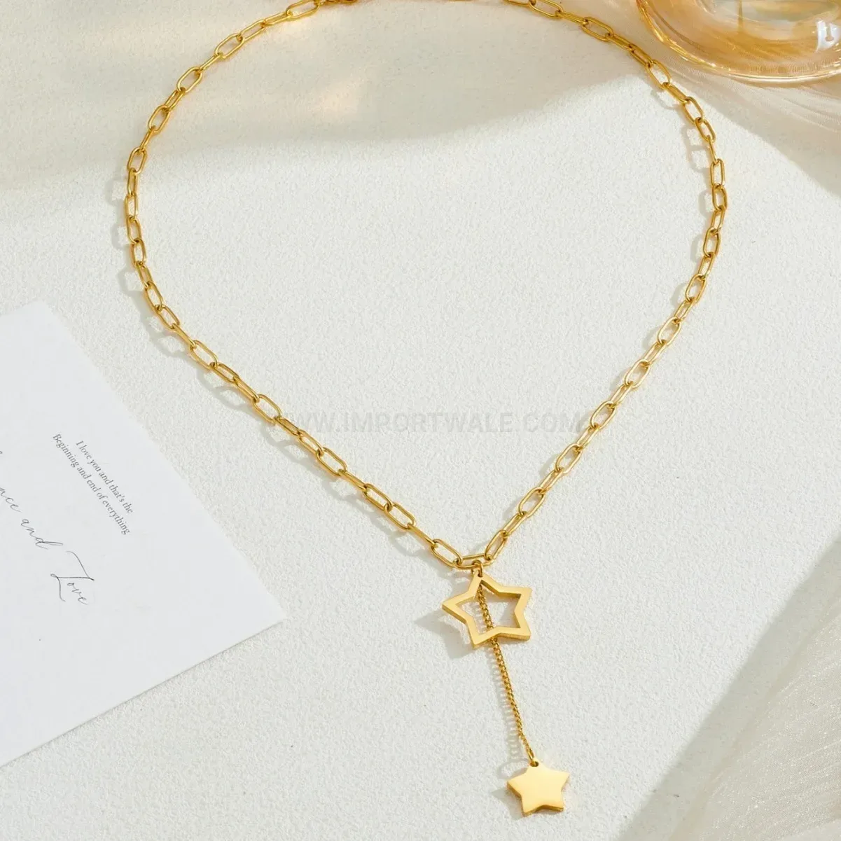 Premium Gold Titanium Steel Pentagram Tassel Chain Clavicle Necklace