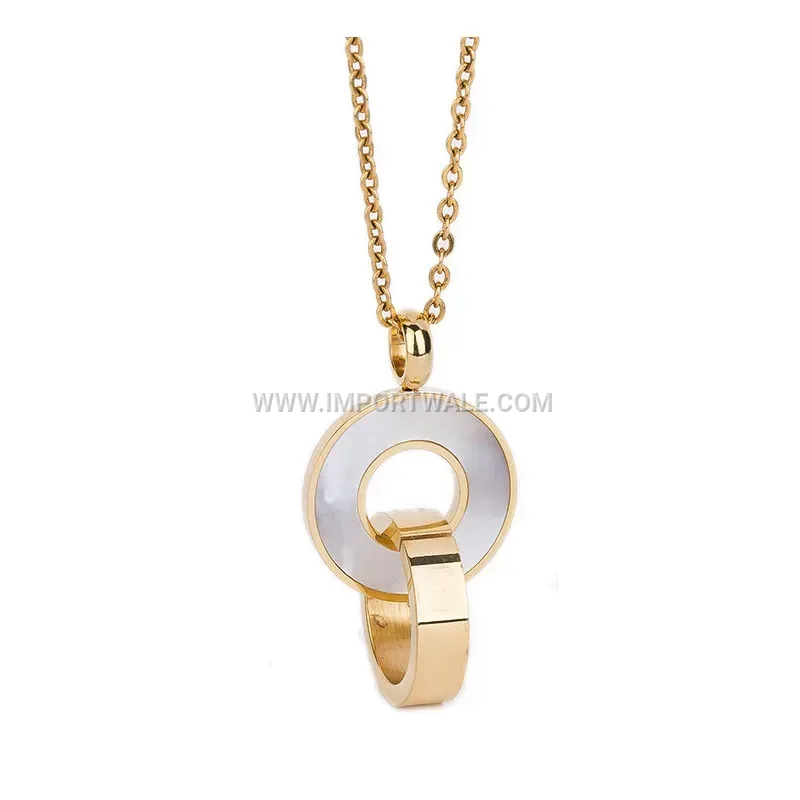 Double Ring Shell Inlaid Stainless Steel Pendant Necklace