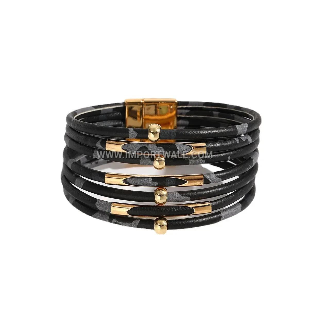 Multi-Strand Leopard Print Leather Bracelet with Curved Tube
