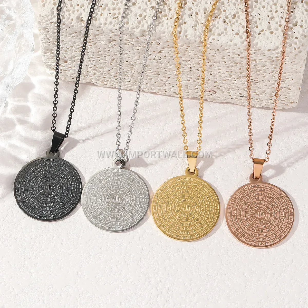 Engraved Stainless Steel Inscription Coin Islamic Religious Pendant Necklace
