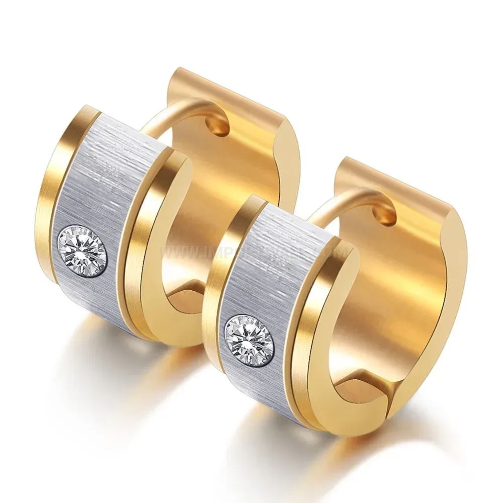 Modern Brushed Stainless Steel Zirconia Huggie Hoop Earrings
