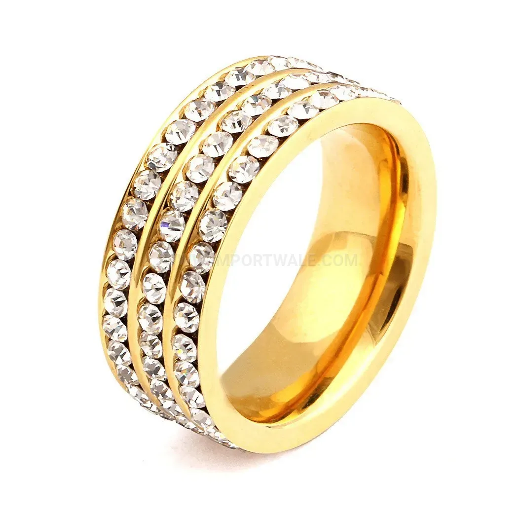 Three-Row Rhinestone Stainless Steel Statement Ring