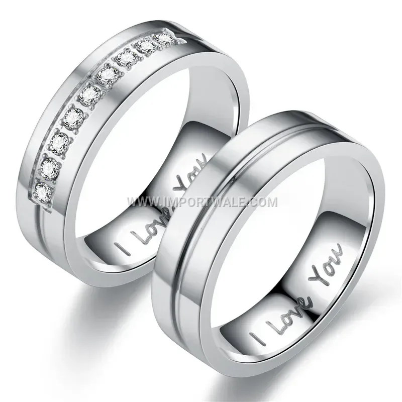 Engraved Stainless Steel Zircon Couple Band Ring