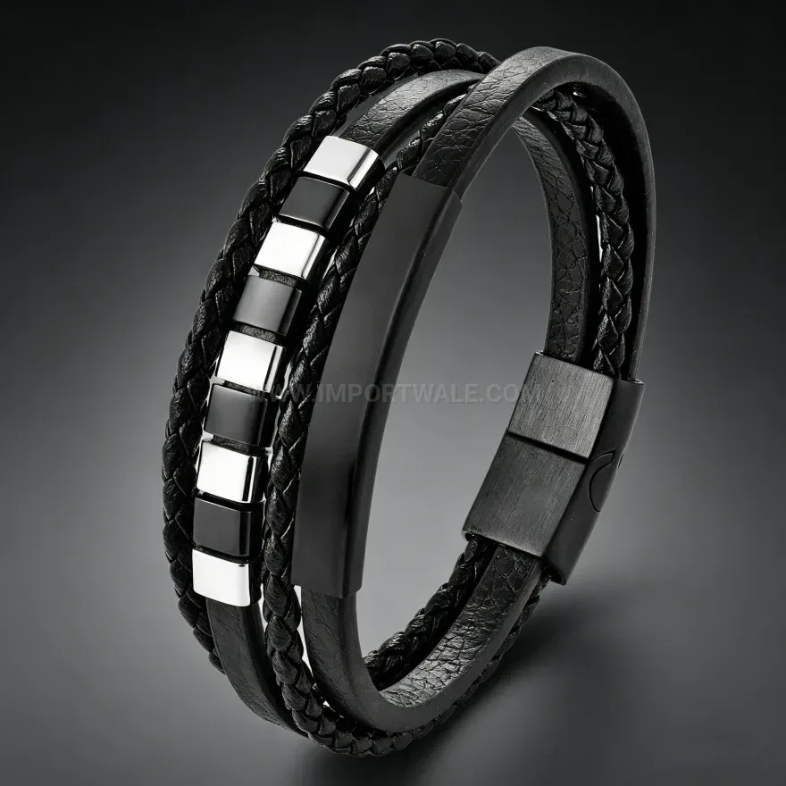 Modern Double Layer Black Braided Leather Bracelet with Black Clasp