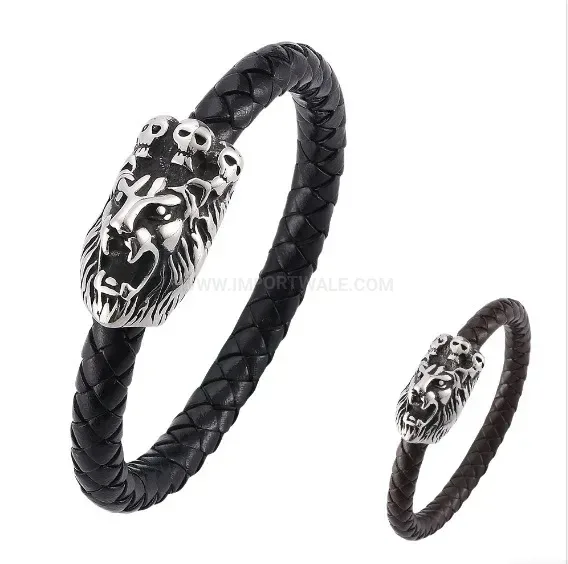 Elegant Braided Leather Lion Head Crown Bracelet with Stainless Steel Details