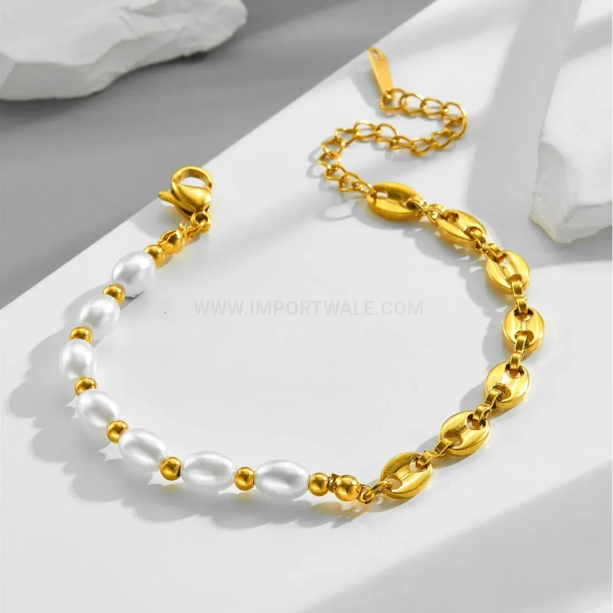 Chic Dainty Titanium Steel Pearl Pig Nose Link Chain Bracelet