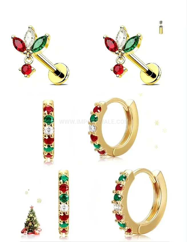 Modern Cubic Zirconia Flat Back Threaded Stainless Steel Earring Set