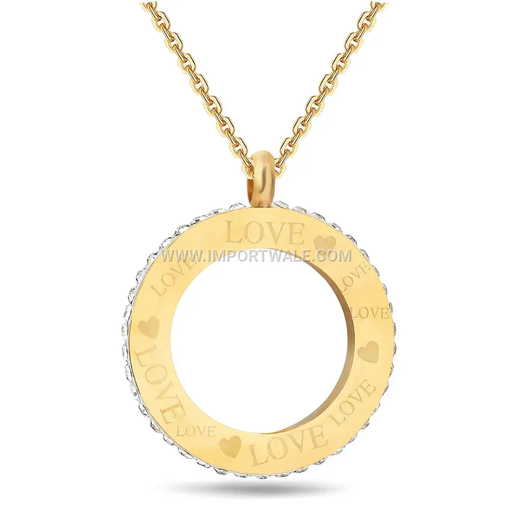 Gold Stainless Steel Engraved Love Circle Pendant Necklace with Crystals