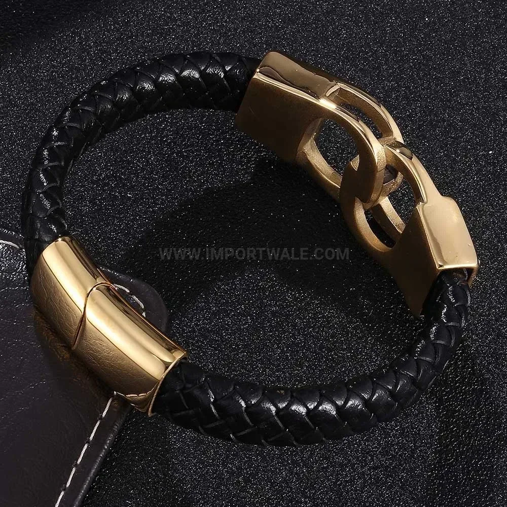 Gold Plated Stainless Steel Cuff Accent Braided Leather Men Bracelet
