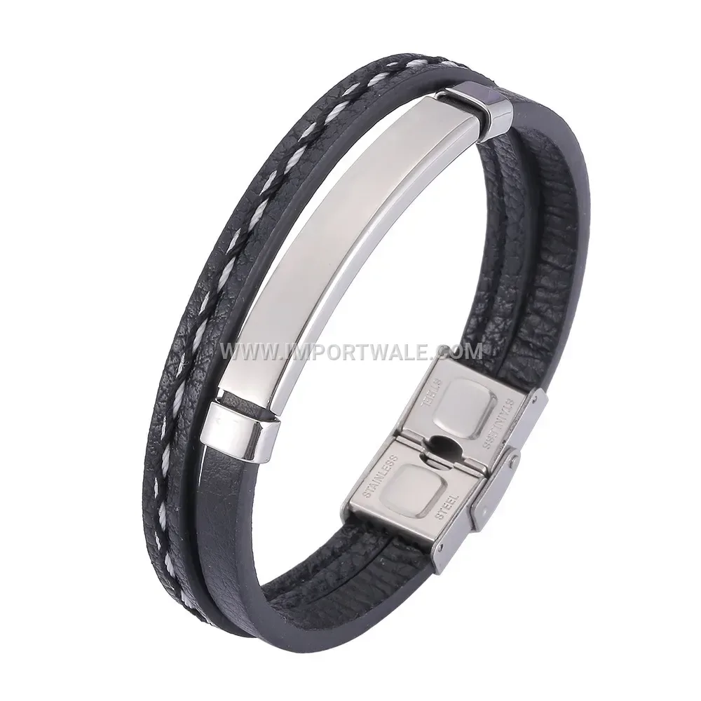 Sleek Black Leather Strap Bracelet Curved Stainless Steel Tube Bar