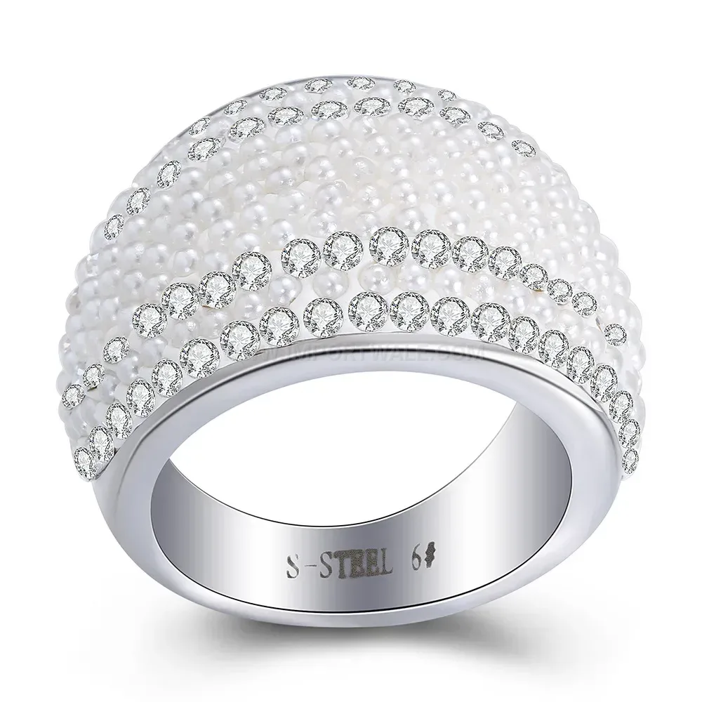 Sparkling Rhinestone Statement Stainless Steel Wide Ring