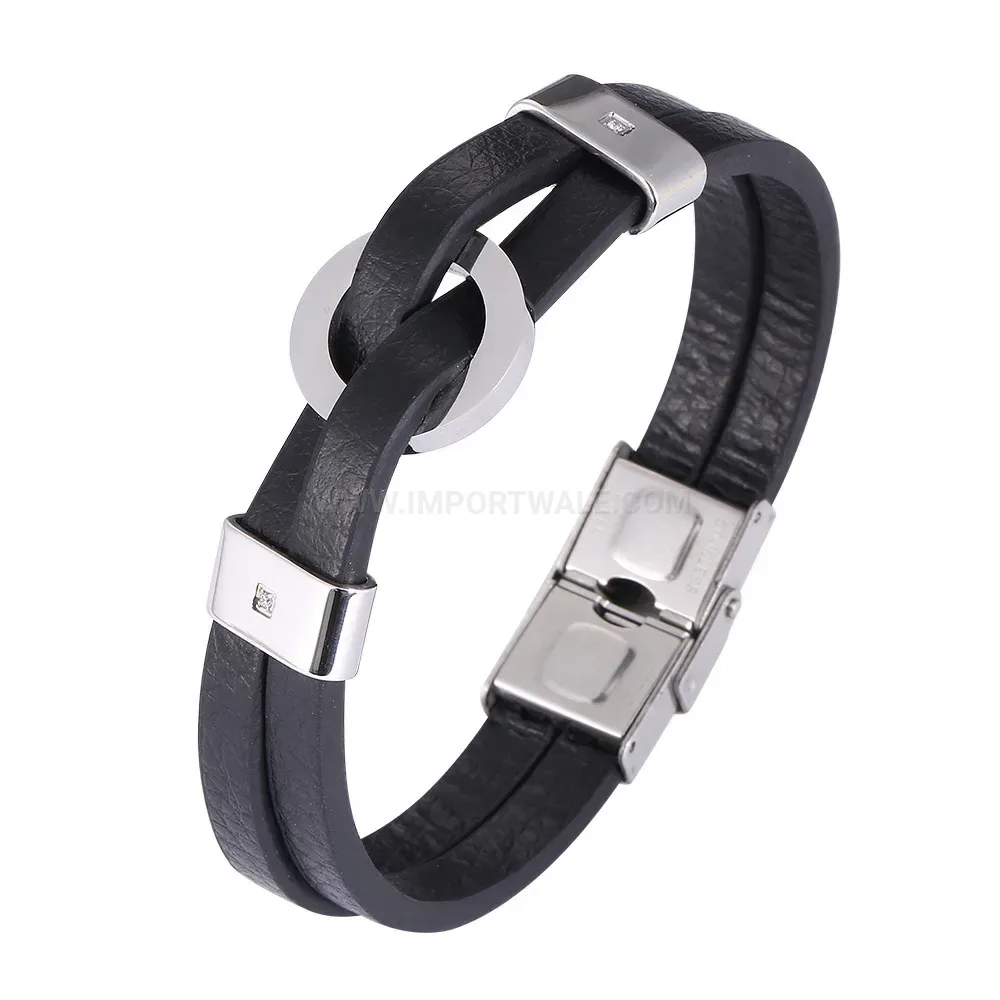 Gemstone Inlaid Leather Stainless Steel Circular Accent Bracelet